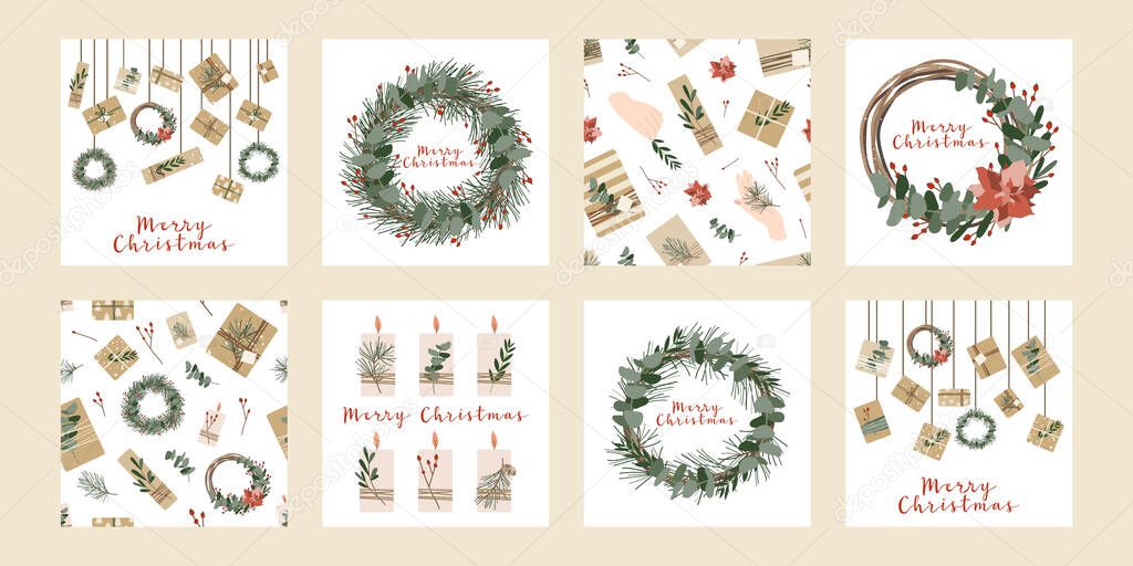 Set of square christmas cards, invitation. Presents in kraft paper and wreaths. Rustic gift box. Eco decoration. Xmas and New 2021 Year celebration preparation. Vector flat cartoon style