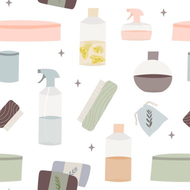 Doğal ev temizleyicileri. Çevre dostu deterjanlar, kimyasalsız. Sıfır israf yaşam tarzı. Çevre dostu temizlik. Yeşil ev kavramı. Vektör düz çizgi film çizimi, pürüzsüz desen