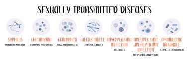 Sexually transmitted diseases. Bacterial infection. Syphilis, Gonorrhea, Chancroid, Ulcus molle, Granuloma inguinale, Ureaplasma and Mycoplasma infections. Gynecology, urology. Vector flat cartoon art clipart