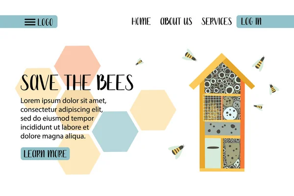 Zachraňte Včely Včely Lítají Kolem Včelího Hotelu Ochrana Životního Prostředí — Stockový vektor