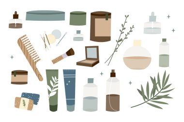 Doğal cilt bakımı. Organik zulümsüz kozmetik ürünleri. Vejetaryen makyajı. Yüz ve vücut bakımı için bitkisel güzellik ürünleri. Vektör düz çizgi film illüstrasyonu