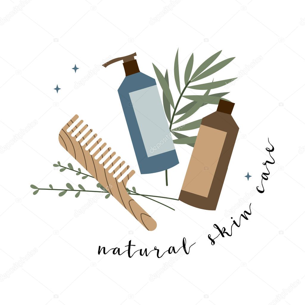 Natural skin care. Organic cruelty-free cosmetics. Vegan makeup. Herbal beauty products for face and body care. Vector flat cartoon illustration