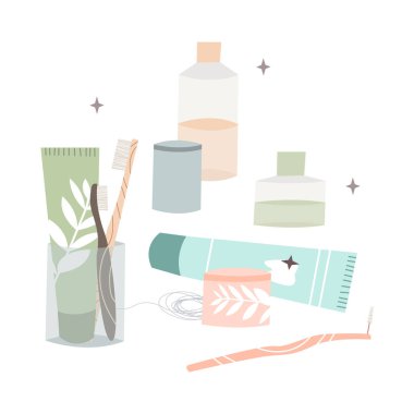 Ağız bakımı. Diş fırçası, diş macunu, diş fırçası, diş ipi, diş ipi, gargara. Diş hijyeni, diş bakımı. Vektör düz çizgi film illüstrasyonu