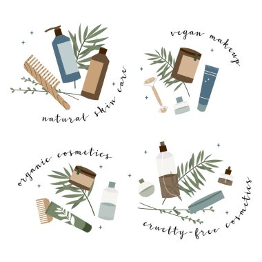 Doğal cilt bakımı. Organik zulümsüz kozmetik ürünleri. Vejetaryen makyajı. Yüz ve vücut bakımı için bitkisel güzellik ürünleri. Vektör düz çizgi film illüstrasyonu
