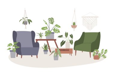 Ev bitkileriyle dolu oturma odası. Şehir ormanı, saksı bitkileri. Konforlu ev konsepti. Evde kal. Düz vektör illüstrasyonu