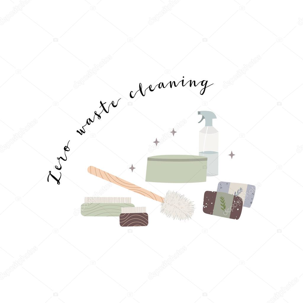 Natural household cleaners: soda, vinegar, lemon, mustard powder, salt, laundry soap. Eco friendly detergents, chemical free. Zero waste lifestyle. Green home concept. Vector flat cartoon illustration