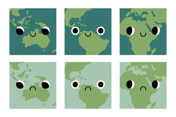 Personagem Bonito Planeta Terra Com Rostos Tristes Sorridentes Globo Kawaii —  Vetores de Stock