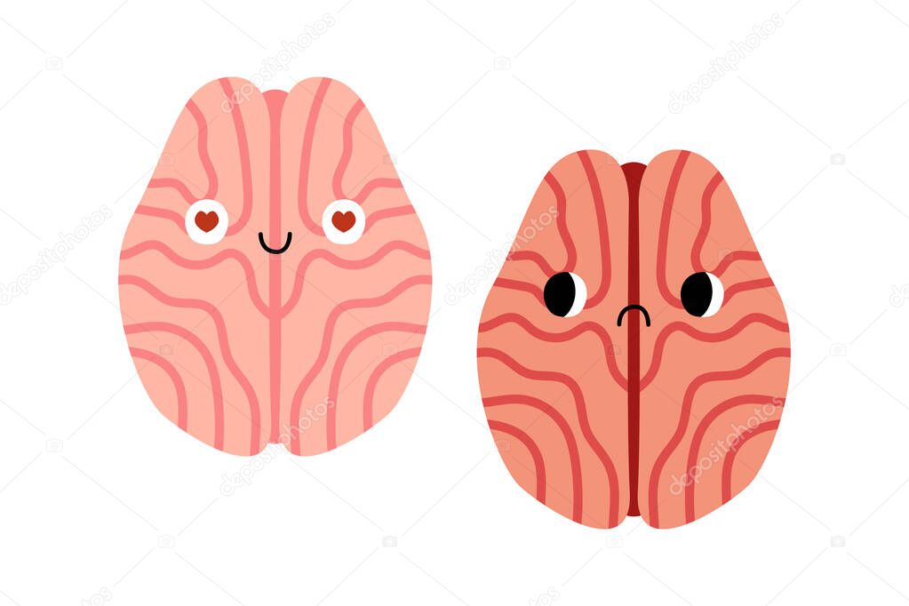 Cute brains characters with smiling and sad face. Funny kawaii human internal organ with eyes. Healthy and illness insides, brain disease. Neurobiology. Vector flat cartoon illustration