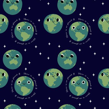 Gülümseyen yüzlü sevimli gezegen Dünyalı karakterlerle kusursuz bir desen. Kawaii küresi. Tuhaf gök cisimleri. Eller gezegenimizi tutuyor. Dünya günün kutlu olsun, Dünya Saati. Vektör düz çizgi film illüstrasyonu