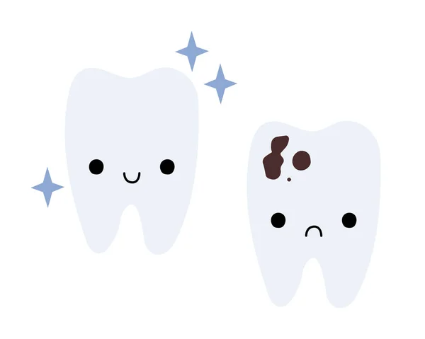 Cute Tooth Character Healthy Tooth Smile Tooth Caries Sad Face —  Vetores de Stock