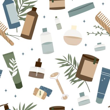 Doğal cilt bakımı. Organik zulümsüz kozmetik ürünleri. Vejetaryen makyajı. Yüz ve vücut bakımı için bitkisel güzellik ürünleri. Vektör düz çizgi film çizimi, pürüzsüz desen