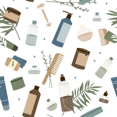 Doğal cilt bakımı. Organik zulümsüz kozmetik ürünleri. Vejetaryen makyajı. Yüz ve vücut bakımı için bitkisel güzellik ürünleri. Vektör düz çizgi film çizimi, pürüzsüz desen