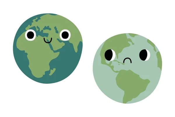 Personagem Bonito Planeta Terra Com Rostos Tristes Sorridentes Globo Kawaii —  Vetores de Stock