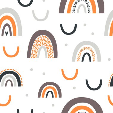 Tatlı gökkuşağıyla kusursuz desen. Turuncu, gri gökkuşağı çizgileri. İskandinav eğlence baskısı. Kumaş, ambalaj, tekstil, duvar kağıdı ve giysi için çocuk dokusu. Vektör düz çizgi film illüstrasyonu