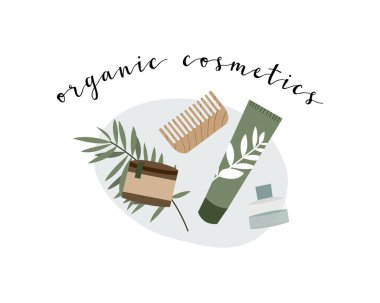 Doğal cilt bakımı. Organik zulümsüz kozmetik ürünleri. Vejetaryen makyajı. Yüz ve vücut bakımı için bitkisel güzellik ürünleri. Vektör düz çizgi film illüstrasyonu