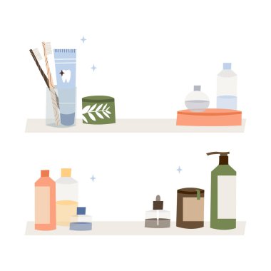Banyo aksesuarları raflarda, banyo malzemeleri. Ağız temizleme aletleri, doğal cilt bakımı, organik kozmetik ürünleri. Sıfır atık banyo, yeniden kullanılabilir ürünler. Çevre dostu yaşam tarzı. Vektör düz çizgi film illüstrasyonu