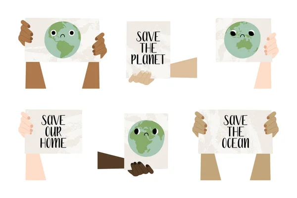Salve Terra Pare Poluição Mãos Segurar Bandeiras Ativistas Com Cartazes —  Vetores de Stock