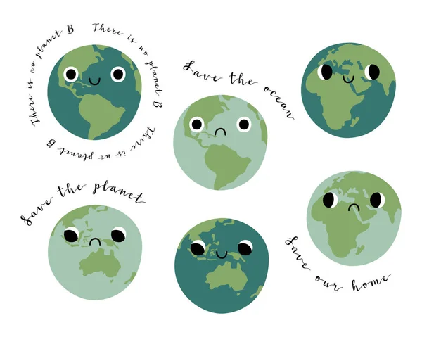 Karakter Planet Bumi Yang Lucu Dengan Wajah Sedih Dan Tersenyum Stok Vektor