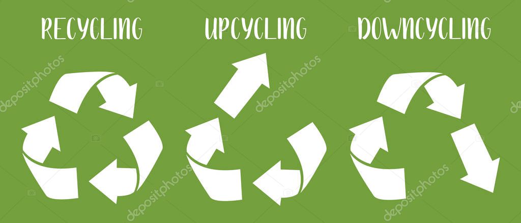 Vector recycling, upcycling and downcycling signs, isolated on white background. Green reuse symbols for ecological design. Zero waste lifestyle.