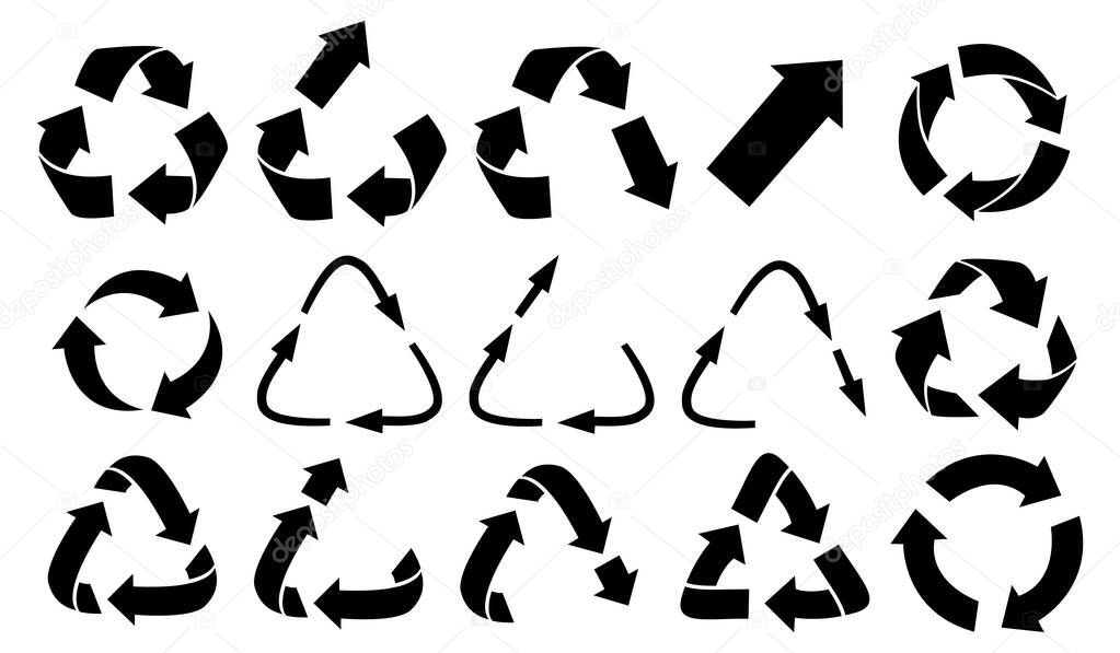 Set of vector recycling, upcycling and downcycling signs, isolated icons on white background. Black reuse symbols for ecological design, marking, product labeling. Zero waste lifestyle