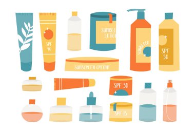 Farklı şişelerde güneş kremi ürünleri. Güneş kremi, yağ, jöle, nemlendirici, sprey. Ultraviyole ışınlar, cilt bakımı. Vektör düz çizgi film illüstrasyonu