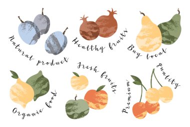 Sulu elma, erik, armut, limon, kiraz, nar. Taze meyve, sağlıklı organik gıda. Birinci kalite. Yerel ürünler al. Vektör düz çizgi film çizimi. Logo için mükemmel, damga, damga, damga