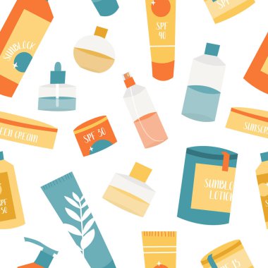 Farklı şişelerde güneş kremi ürünleri. Güneş kremi, yağ, jöle, nemlendirici, sprey. Ultraviyole ışınlar, cilt bakımı. Vektörsüz desen, düz çizgi film çizimi