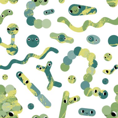 Gülen suratlı mutlu, sevimli bir bakteri karakteri. Komik türde kawaii mikroorganizması: coccus, bifidobacterium, clostridium, streptococcus, spirillum, corynebacterium. Vektör düz çizgi film kusursuz desen