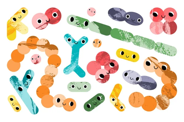 Tatlı laktik asit bakteri karakteri. Probiyotik. Bağırsak ve bağırsak sağlığı için iyi bir kawaii mikroorganizması. Bifidobakteryum, laktobacillus, laktokok, termophilus streptococcus. Vektör çizgi film seti