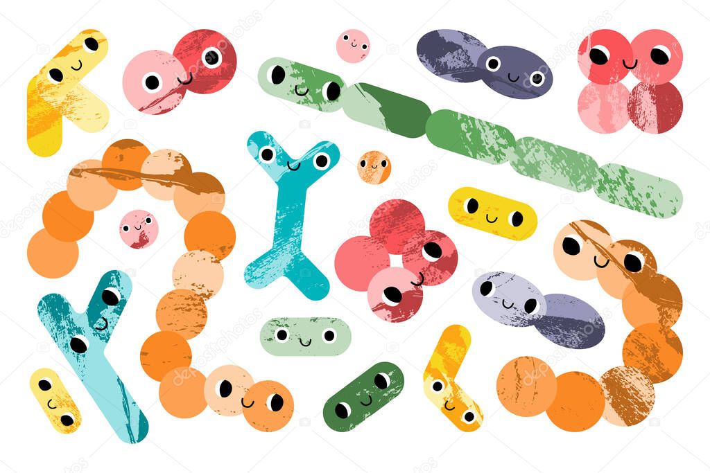 Cute lactic acid bacteria character. Probiotics. Good kawaii microorganism for gut, intestinal flora health. Bifidobacterium, lactobacillus, lactococcus, thermophilus streptococcus. Vector cartoon set