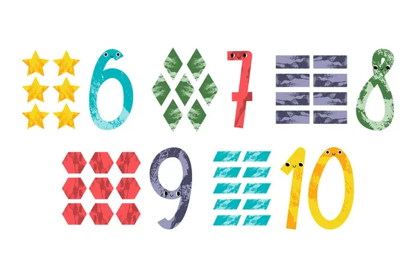 Cute Number Characters Six Seven Eight Nine Ten Geometric Figures — Stock Vector