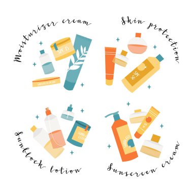 Farklı şişelerde güneş kremi ürünleri. Güneş kremi, yağ, jöle, nemlendirici, sprey. Ultraviyole ışınlar, cilt bakımı. Vektör düz çizgi film illüstrasyonu