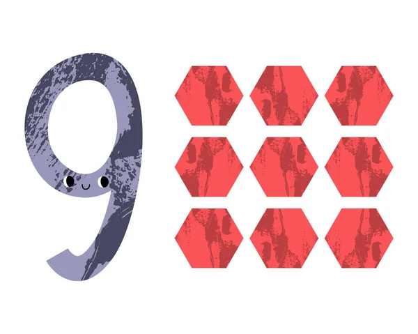 Číslo Devět Šestiúhelníkem Roztomilý Kawaii Číslo Znak Geometrickou Postavou Matematický — Stockový vektor