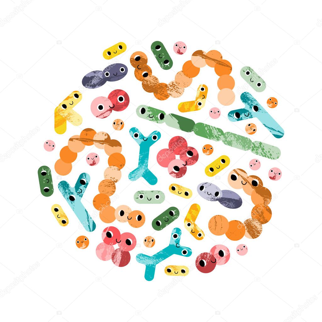Cute lactic acid bacteria character. Probiotics. Good kawaii microorganism for gut, intestinal flora health. Bifidobacterium, lactobacillus, lactococcus, thermophilus streptococcus. Vector cartoon art