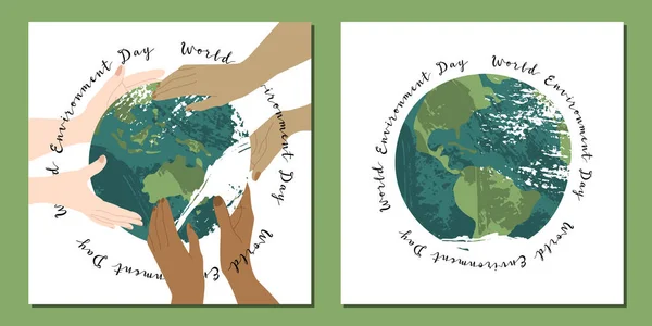 世界環境デー6月5日 幸せな母なる地球の日 地球時間 環境保護 手をそっと惑星を保持します ベクトルフラット漫画イラスト カード ポスター チラシ バナーデザインに最適です — ストックベクタ