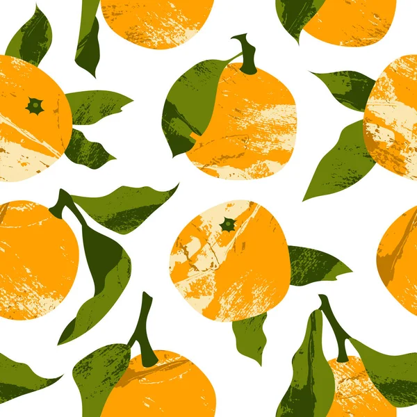 ジューシーなみかんとシームレスなパターン みかん オレンジ クレメンタイン 新鮮な柑橘類 健康的な有機食品 葉で果物を熟す テキスタイル 包装用ベクトルフラット漫画植物イラスト — ストックベクタ