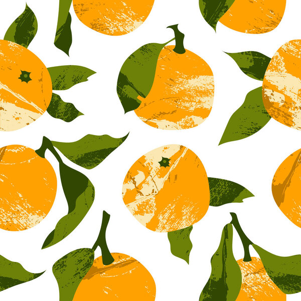 Seamless pattern with juicy mandarin, tangerine, orange, clementine. Fresh citrus fruit, healthy organic food. Ripe fruits with leaves. Vector flat cartoon botanical illustration for textile, wrapping