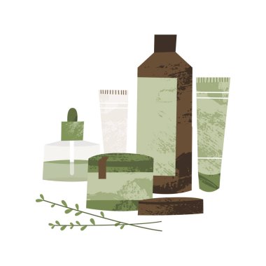 Apofüj şişesi, ateş düşürücü, şurup, merhem, damla, krem. Homeopati, naturopati. Bütünsel tıp. Doğal organik bitki. Vektör düz çizgi film illüstrasyonu