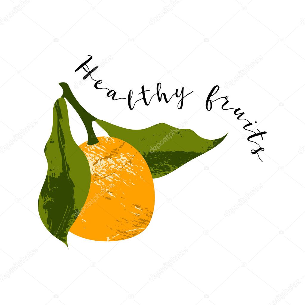 Juicy mandarin, tangerine, orange, clementine. Fresh citrus fruit, healthy organic food. Ripe fruits with leaves. Vector flat cartoon botanical illustration. Perfect for logo, stamp, brand, mark