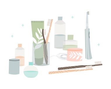 Ağız bakımı. Diş temizleme aletleri: bambu diş fırçası, elektrikli diş fırçası, diş macunu, diş ipi, diş ipi, gargara, dil kazıyıcı. Diş hijyeni, diş bakımı. Vektör düz çizgi film illüstrasyonu