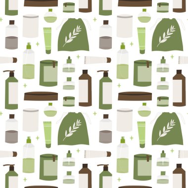 Apofüj şişesi, ateş düşürücü, şurup, merhem, damla, krem. Homeopati, naturopati. Bütünsel tıp. Doğal organik bitki. Vektör düz çizgi film çizimi, pürüzsüz desen