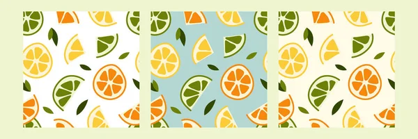 新鮮なレモン ライム ミント みかん みかん オレンジとシームレスなパターン 夏の果物 熱帯柑橘類の背景 ベクトルフラット漫画イラスト 包装紙に最適です — ストックベクタ