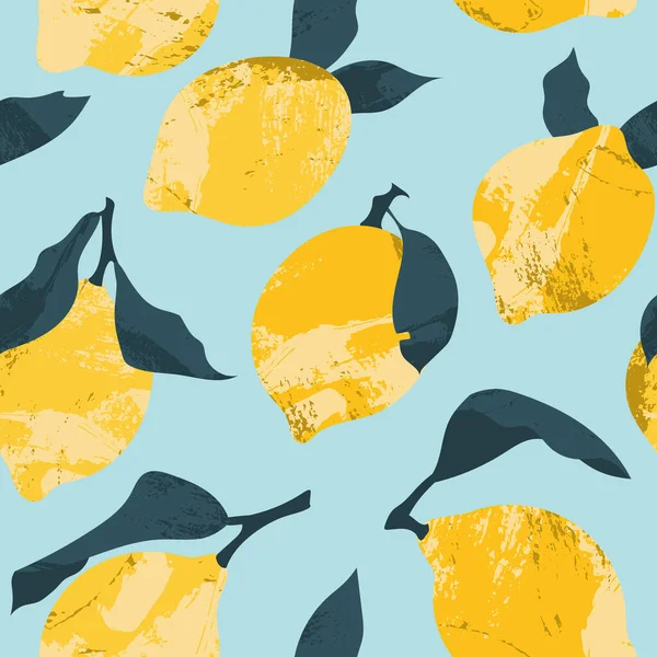 ジューシーなレモンとシームレスなパターン 新鮮な柑橘類 健康的な有機食品 葉で黄色の果実を熟す 包装紙のためのベクトルフラット漫画植物イラスト — ストックベクタ