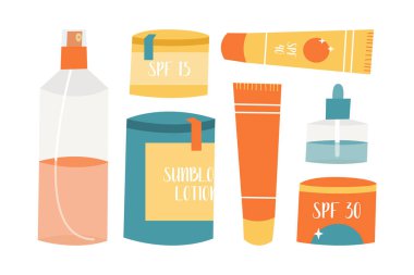 Farklı şişelerde güneş kremi ürünleri. Güneş kremi, yağ, jöle, nemlendirici, sprey. Ultraviyole ışınlar, cilt bakımı. Vektör düz çizgi film illüstrasyonu