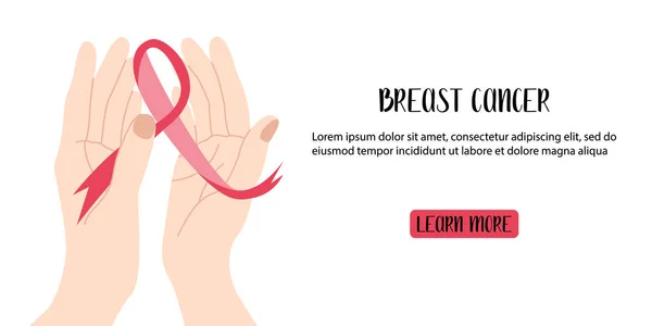 乳腺癌 肿瘤学 10月 提高认识月 手拿着粉红的意识带 矢量平面卡通画 — 图库矢量图片