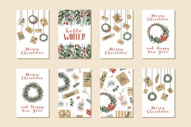 Farklı Noel kartları, davetiyeler. Kraft kağıdı ve çelenk şeklinde hediyeler. Kırsal hediye kutusu. Eko dekorasyon. Xmas ve Yeni Yıl Kutlama Hazırlığı. Vektör düz çizgi film illüstrasyonu