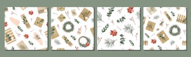 Kraft kağıdında, sicim kurdeleli ve çelenkli Noel hediyeleri. Kırsal hediye kutusu. Eko dekorasyon, okaliptüs ve ladin. Xmas ve Yeni Yıl Kutlama Hazırlığı. Vektör düz düz desen