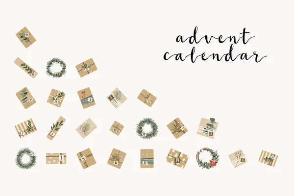 Calendrier Avent Cadeaux Noël Papier Kraft Couronnes Avec Les Numéros — Image vectorielle