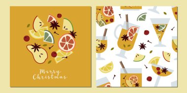 Noel sıcak beyaz şarap, narenciye, elma, tarçın, karanfil, kakule, anason. Sonbahar, bardakta sıcak kış içeceği. Sangria, elma şarabı. Geleneksel Xmas içeceği. Vektör düz çizgi film kusursuz desen