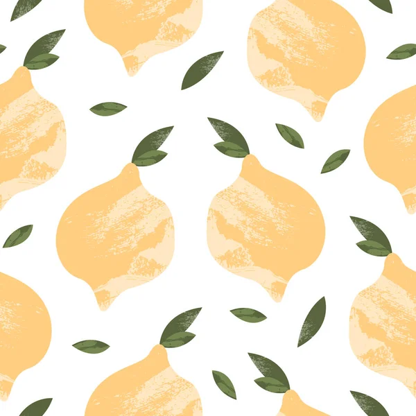 かわいいレモンとシームレスなパターン 柑橘類の背景 ベクトルフラット漫画イラスト 子供のテキスタイルに最適です 包装紙 — ストックベクタ